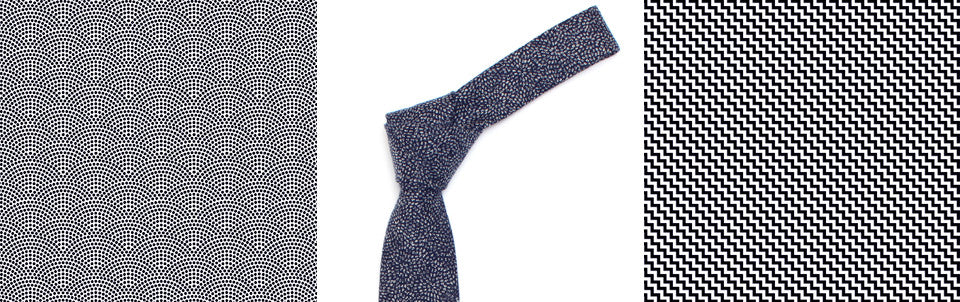 The Indigo Komon necktie and bow tie use the samekomon pattern from Japan.